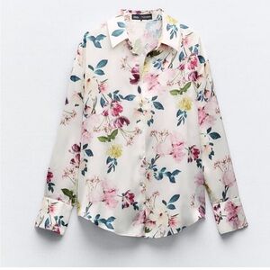 Zara Floral Button Down Shirt Satin Womens XS
